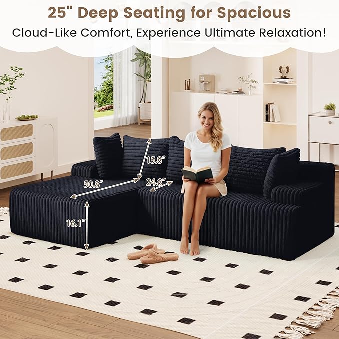 Cloud Couch Upholstered Cloud Sofa Sectional Couch with L Shape Chaise Fluffy Comfy Boneless Couch with Deep Seat &amp Throw Pillows Cloud Couches for Living Room No Assembly Required Black
