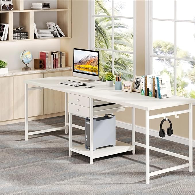 78 Two Person Computer Desk with Drawers Long Double Home Office Desk with with Storage Shelves Large Gaming Study Writing Table Workstation for Office (White-Drawers)