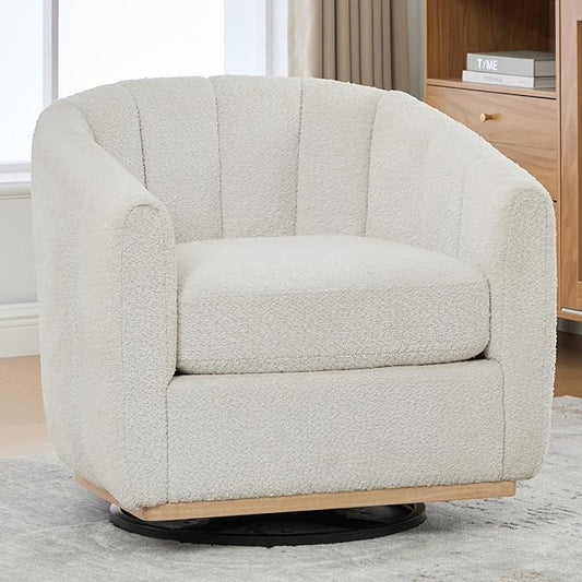32.3 Ivory Swivel Accent Chair Wide Curved Backrest Thickened Upholstered Accent Chairs for BedroomComfortable ArmchairModern Swivel Chairs for Living Room