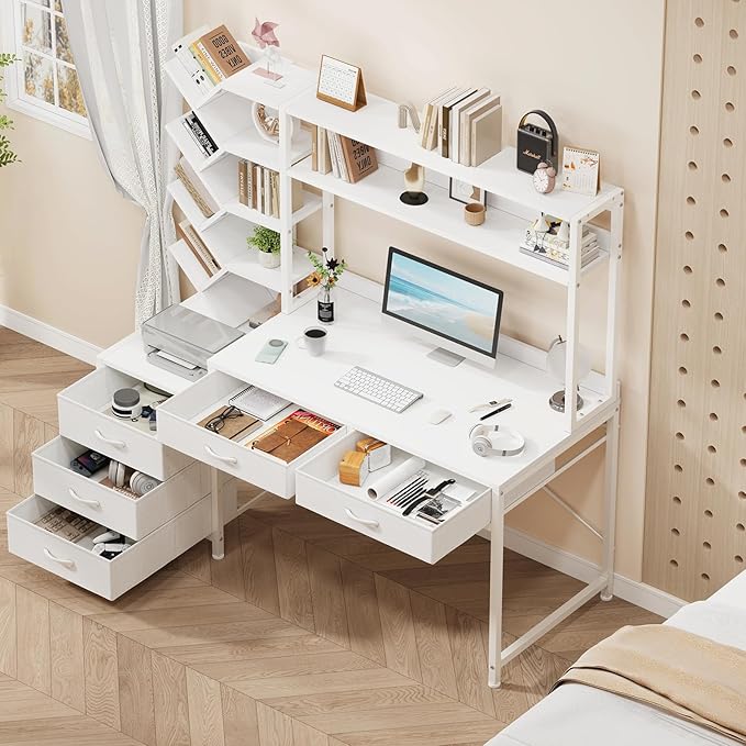 Reversible Computer Desk with Hutch Home Office Desk with 5 Drawers and Bookshelf 52'' Study Writing Desk with Storage Shelves for Bedroom Home Office White
