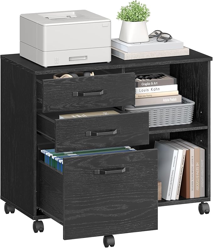VASAGLE Lateral File Cabinet Home Office Printer Stand 3-Drawer Mobile Filing Cabinet with Open Storage Shelves for A4 Letter-Size Files Black with Wood Grain UOFC041B56