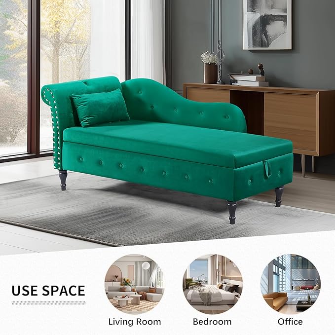 60 Modern Velvet Chaise Lounge IndoorUpholstered Lounge Chair with Left Armrest and Lumbar Pillow Button Tufted Lounge Sofa for Living Room Bedroom OfficeMini Chaise Longue Sofa (Green Storage)