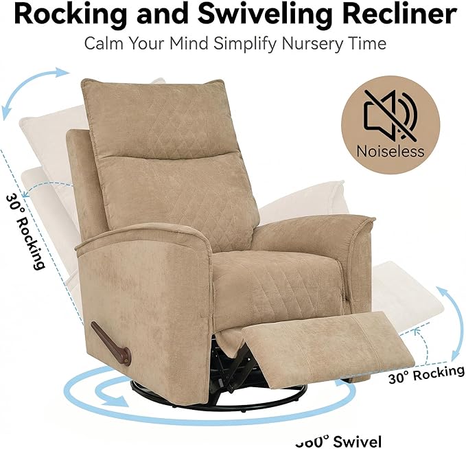 360° Swivel Manual Recliner Chair Rocker Recliner Chair for Adults Nursery Rocker Reclining Chair with Lumbar Support Small Recliners for Small Spaces Living Room Bedroom Chenille Brown