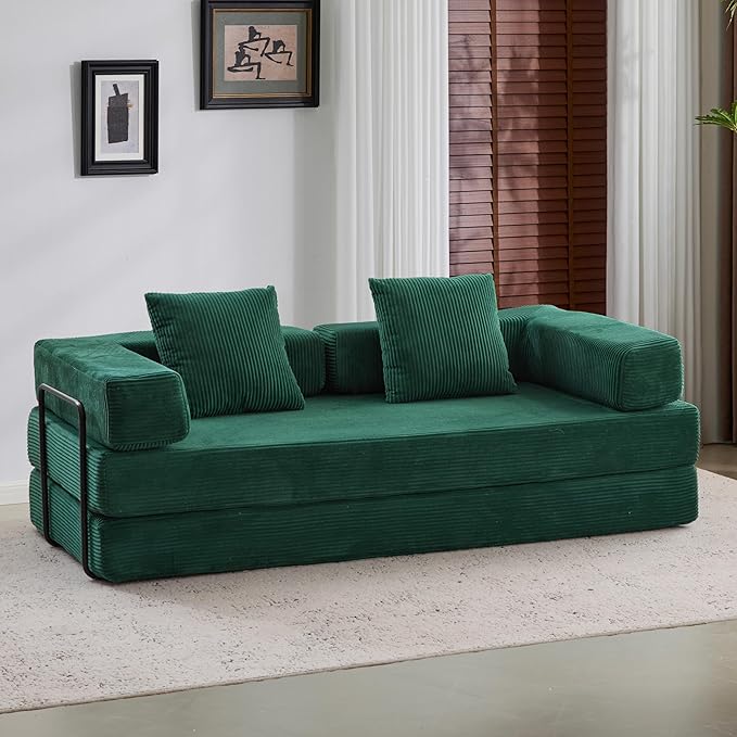 Convertible Couch Sofa Bed Foldable Floor Sleeper | Modern Fold Out Couch | Removable Backrest &amp Armrests | No Assembly Compression Sofa Sleeper for Living Room Bedroom | Corduroy Fabric Green