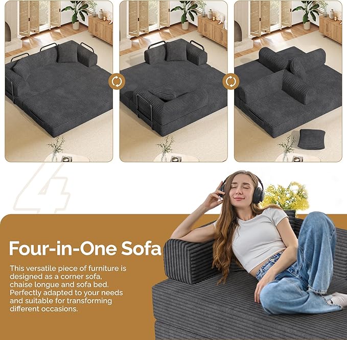 Convertible Coarser Corduroy Sleeper Sofa Bed with Cylindrical Pillow Folding Mattress Couch with Fixed-Shape Frame Floor Sofa Lounge Couch for Living Room Bedroom Lounge Studio Dark Grey