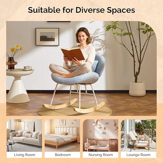 VINGLI 25.6 Extra Wide Nursery 115° Armless Rocking Chair Curved Cute Cross-Legged Glider Chair with Pillow &amp Solid Wood Nursing Chair for Bedroom Living Room Teddy Fleece Light Blue