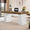 Tribesigns 55-Inch Executive Desk Large Wood Office Computer Desk with Double Pedestal Modern Minimalist Workstations Writing Table Conference Table Furniture for Home Office Brown&ampWhite
