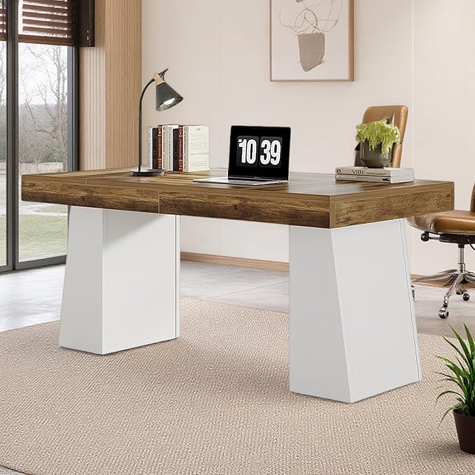 Tribesigns 55-Inch Executive Desk Large Wood Office Computer Desk with Double Pedestal Modern Minimalist Workstations Writing Table Conference Table Furniture for Home Office Brown&ampWhite