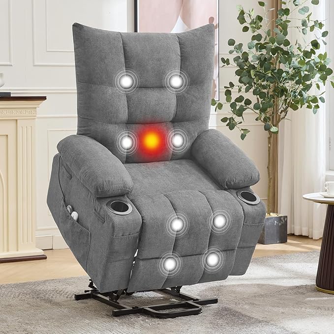 GarveeHome Power Lift Recliner Chair for Elderly with Massage and Heat Oversized Electric Massage &amp Heat Recliner with Soft Padded Upholstery Side Pocket &amp Cup Holders for Living Room Gray
