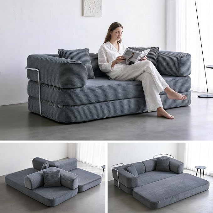 Modular Floor Sofa Bed for Small Apartments &amp Renters Stable Fixed-Shape Support Wide Guest Sleeper No Assembly Corduroy (Dark Gray) | 2-in-1 pillow quilts No assembly needed Medium-firm sup
