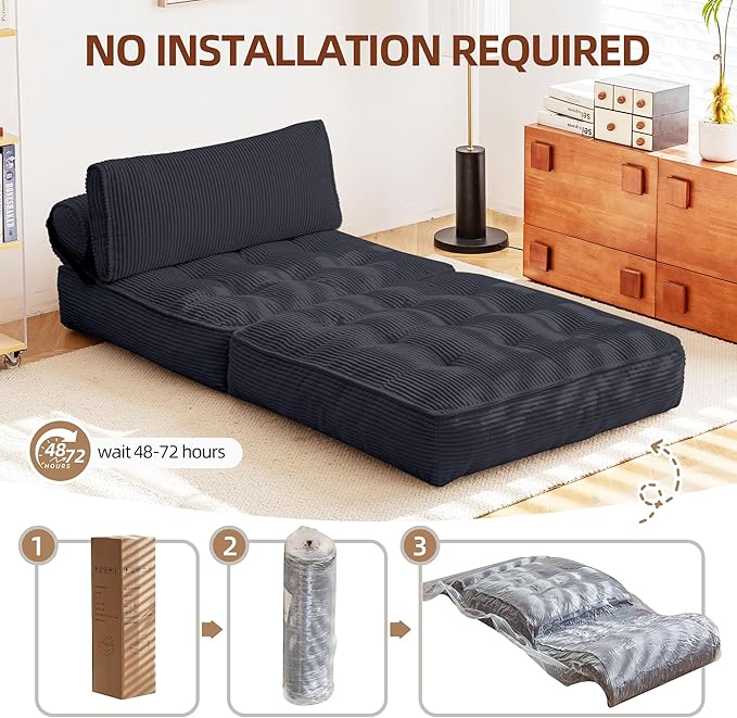 HOMREST Folding Sofa Bed Convertible Sleeping Chair with Backrest Support and Soft Corduroy FabricFold Couch Bed with Pillow for Small Spaces/Living Room/Bedroom/Apartment Single SizeBlack
