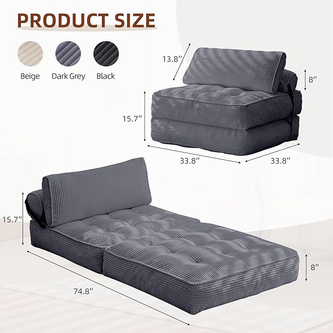 HOMREST Folding Sofa Bed Convertible Sleeping Chair with Backrest Support and Soft Corduroy FabricFold Couch Bed with Pillow for Small Spaces/Living Room/Bedroom/Apartment Single SizeGrayish Blue