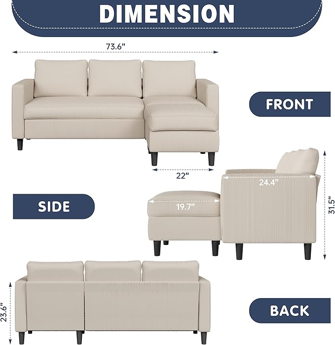 Shintenchi Small Sectional Sofa CouchesL Shape Convertible Sofa with Ottoman3 Seat Comfy Corduroy Upholstered Sofa CouchSmall Couch for ApartmentLiving Room and Office(Beige)