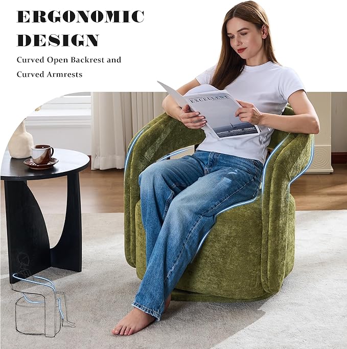 FOXHUNTER Swivel Accent ChairModern Upholstered Barrel ChairOversized Round Accent Armchair with Open BackWooden Base for Living RoomChenil Green