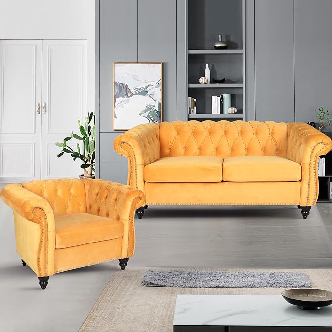 AVZEAR Chesterfield Loveseat Modern Velvet Sofa Tufted Couch 2 Seater with Scroll Arms and Nailhead for Living Room Bedroom Office Apartment Yellow