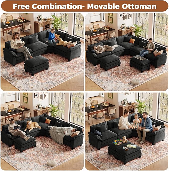 CDCASA 117 Oversized L-Shaped Modular Sectional Cloud Couch with Corner Comfy 5-Seat Sofa w/Ottoman Chenille Deep Seat Modern Sofa Couch for Living Room Apartment DIY Combination Black