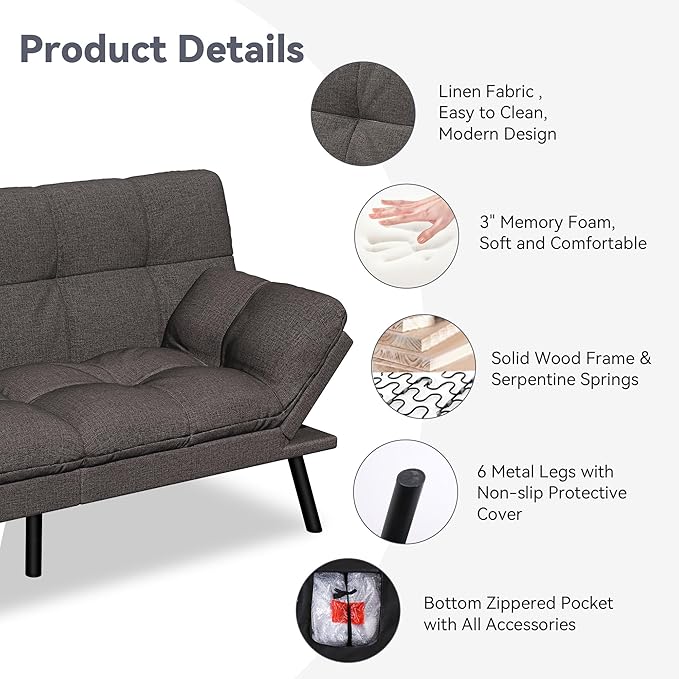 Vyfipt Convertible Futon Sofa Bed 71 Memory Foam Futon Couch with DetachableAdjustable BackrestLinen Fabric Folding Small Loveseat Sleeper for for Living RoomRVOfficeApartmentDark Grey