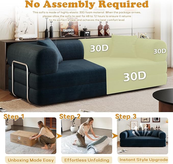 78.8 Modern Convertible Floor Sleeper Sofa Bed Corduroy Modular Boneless Couch with Silver Fixed-Shape Frame No Assembly Futon Cloud Loveseat with Pull-Out Bed for Living Room (Blue)