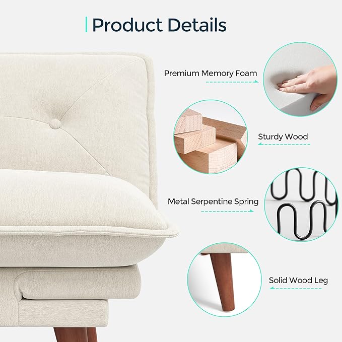 LINSY HOME Futon Sofa Bed 70 Chenille Futon Couch with Adjustable Backrest Armrest 3 in 1 Convertible Comfy Loveseat Sleeper Sofa Bed for Small Spaces Dorm Room Apartment Home Office Beige White