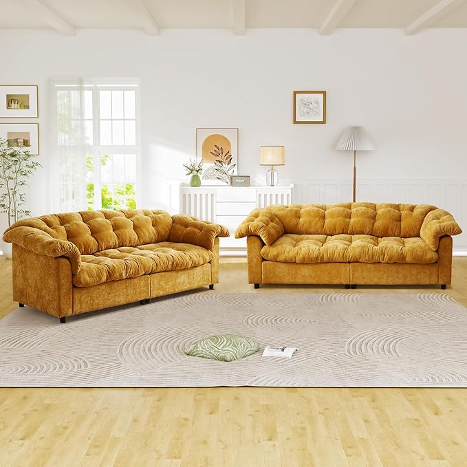 Modern Sofa Couch 94.8W Chenille Tufted Fluffy Comfy Cloud Couch with Tutfted Design &amp Armrest Pillow Upholstered Oversized Loveseat Sofa for Living Room Bedroom Office Apartment Yellow