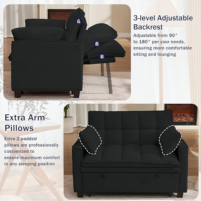 Sleeper Sofa with Pull Out Couch Bed 48.43 Convertible Pull-Out Sofa Bed Chair 3-in-1 Futon Couch with Reclining Backrest and Side Pockets for Living Room Bedroom Apartment Light Grey