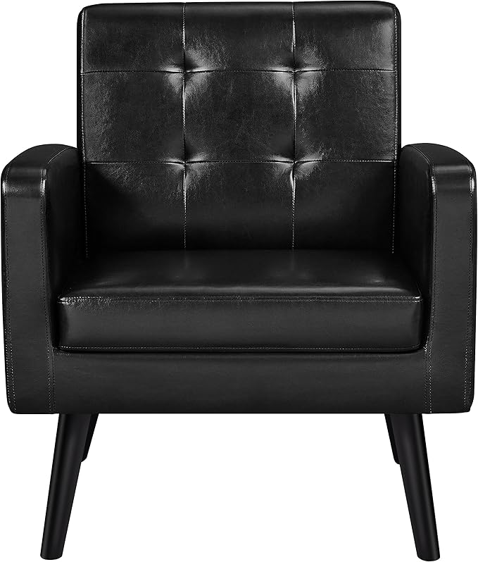 Topeakmart Mid Century Accent Chair Modern and Cozy PU Leather Barrel Sofa Chair with Thick Cushion and Sturdy Wood Legs for Living Room/Bed Room/Office Waiting Area Black