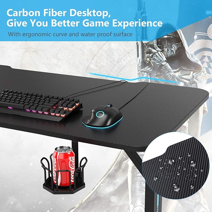 Tangkula Gaming Desk T-Shaped Computer Desk w/Game Controller Stand Cup Holder and LED Light Ergonomic Home Office Game Station with Carbon Fiber Surface (Black)