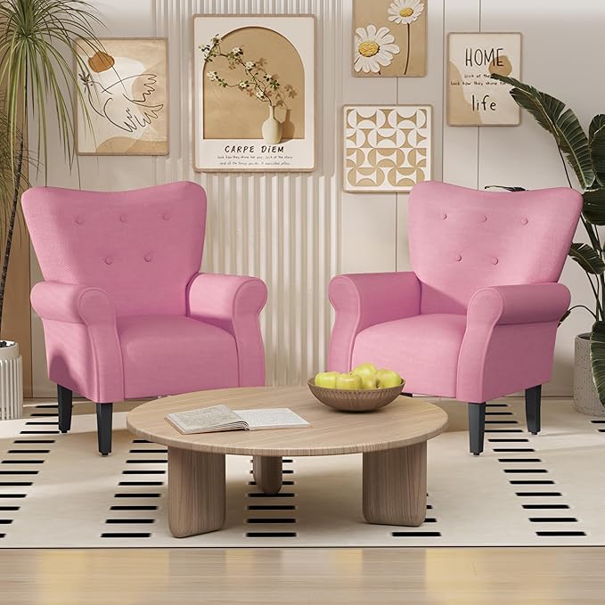 MELLCOM Mid Century Wingback Arm ChairModern Upholstered Fabric High Back Accent Chair with Wood LegsUpholstered Single Sofa Club Chair for Living Room Bedroom Home Office Light Pink