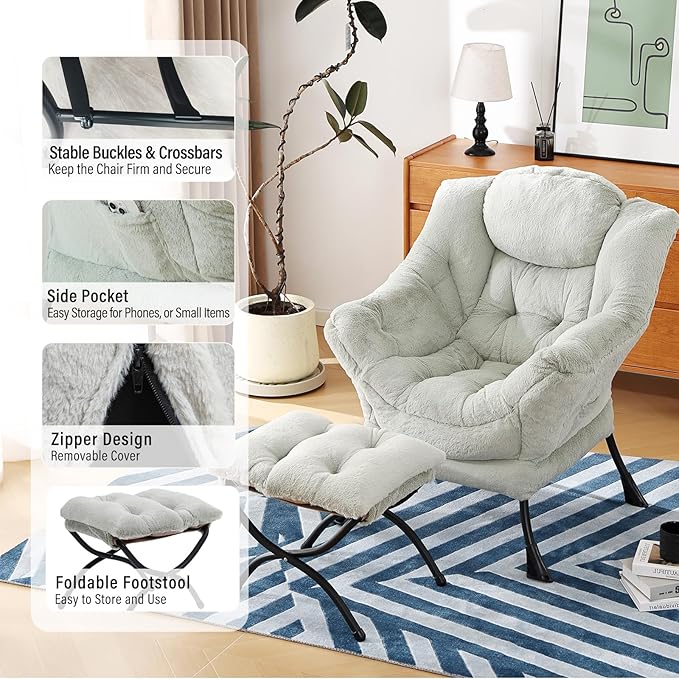 Lazy Chair with Ottoman Modern Accent Chair with Armrests and a Side Pocket Plush Green Accent Chairs Reading Chairs Oversized Armchairs for Bedroom Study Living Room Courtyard