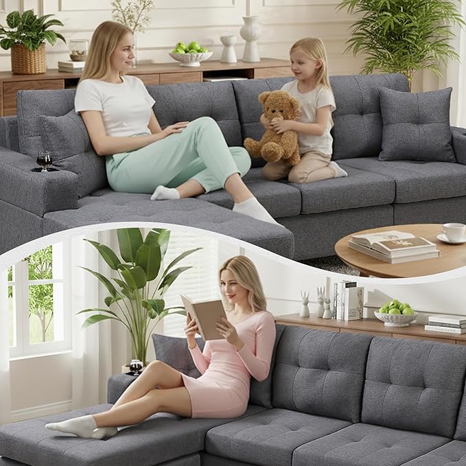 Wakefit Sectional Sofa Couch Modern 4-Seaters Living Room Furniture Sets with Reversible Chaise Lounge &amp 2 Pillows | L Shape Couch | Cup Holders | Linen Fabric Gray