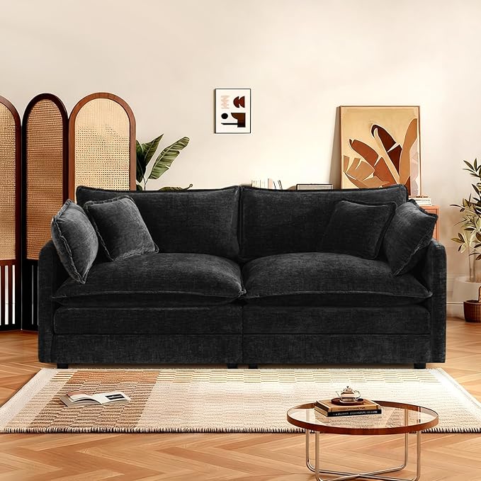 SoarFlash Chenille Sectional Sofa Comfy Modular Loveseat Sofa Modern 2-Seat Couch Deep Seat Sofa Set for Living RoomBlack