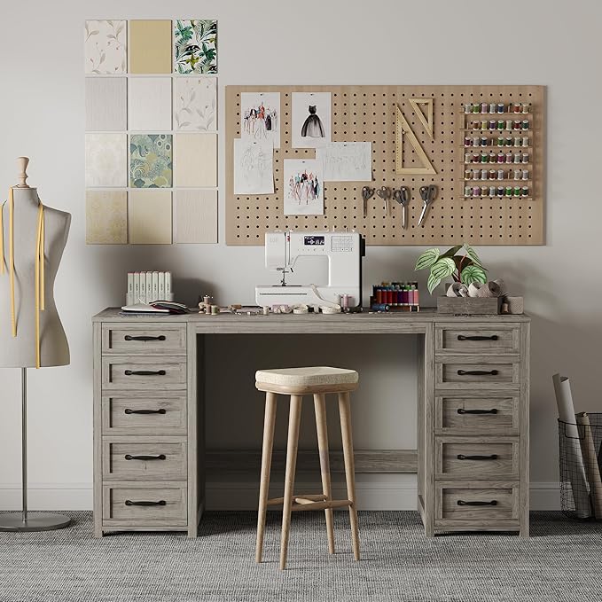 WOPITUES 60 Farmhouse Home Office Desk with 10 Wooden Drawers Rustic Computer Writing Desk with Power Outlets Large Executive Desk with Storage Cabinet for Work Study Writing Craft Gray