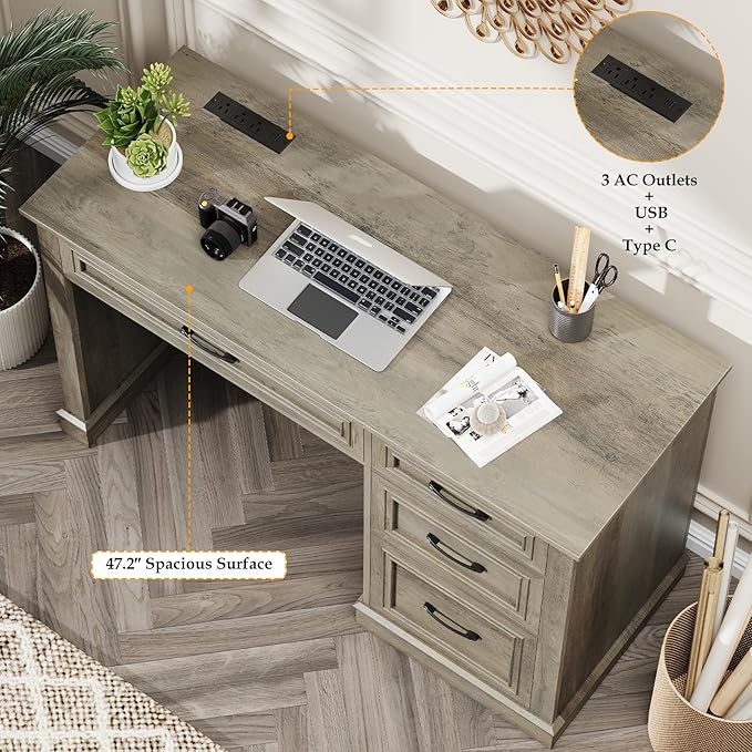 Vabches Farmhouse 47 Executive Desk Computer Desk with Drawers and File Drawer Workstation Computer Desk with Charging Station for Home OfficeStudy（Dark Grey