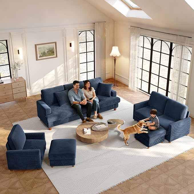 25.2 Couches for Living Room Comfy Blue Ottoman with Storage Foot Rest Tool-Free Setup Small Ottoman Foot Rest for Couch Corduroy Couch for Bedroom Apartment Office