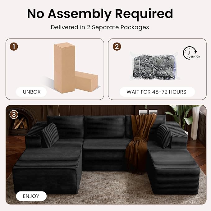 106 Cloud Sectional Boneless Couches for Living Room Modular U Shaped Couch with Deep Seat Removable Ottoman Memory Foam Compressed Spineless 4 Seater Sofa for Bedroom Apartment Black