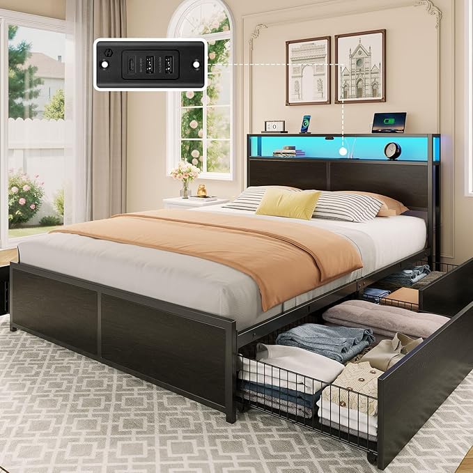 Rolanstar Queen Bed Frame with 4 Storage Drawers &amp 2-Tier Storage Headboard Metal Platform Bed Frame with Charging Station &amp LED Lights Noise-Free No Box Spring Needed Easy Assembly Black