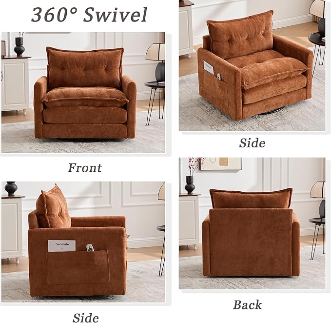 360° Swivel Accent Chair36.22” Swivel ArmchairSquare Accent Barrel Chair with Side Pockets - Upholstered Comfy Single Sofa Chair for Living Room Bedroom Reading Nook (Brown)