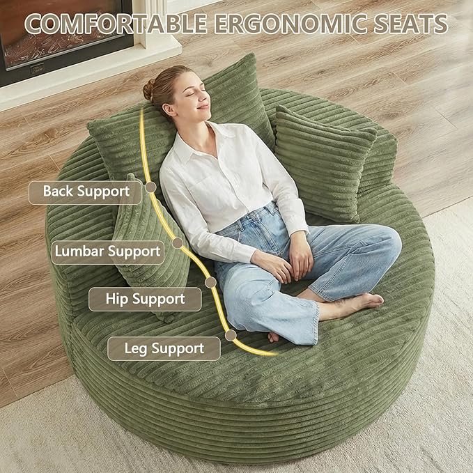 55 L Corduroy Sponge Single Sofa Oversized Round Chair Fluffy Modern Sleeper Chairs for Living Room Lounge and Projection Room Wide Armrest Lounge Chairs Armchair with Pillow Green