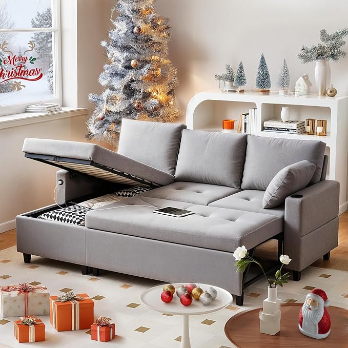 Sleeper Sofa Couch with Pullout Bed 83.5'' L Shaped Convertible Sofa Bed Couches for Living Room Small Apartment Pull Out Couch with USB Storage Chaise Cup Holder Linen Fabric Light Grey