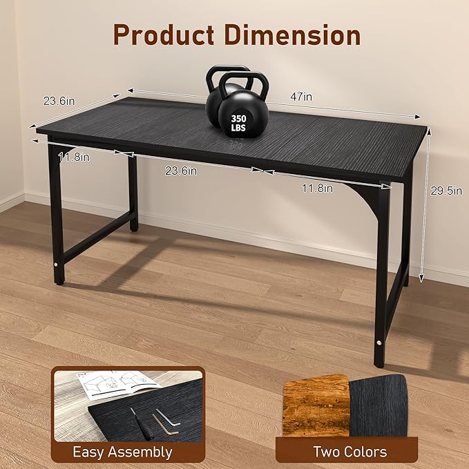 StarGraph Home Office Desks 47 Inch Large Office Desk with Sturdy Metal Frame Modern Computer Desk Gaming Study Writing Work from Home Desks Black