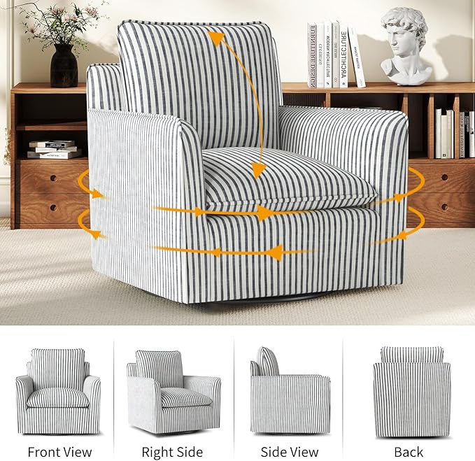 Bonzy Home 34 Swivel Accent Chair Set of 2Wide Upholstered Square Chair with Thick Padded Backrest Cushion Swivel Reading Chair for Living Room Bedroom Small Spaces Blue Stripe