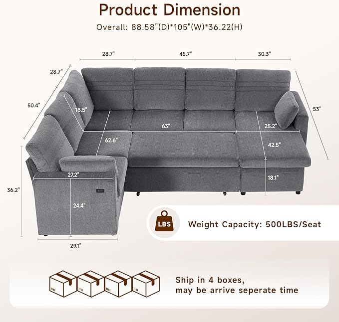ONBRILL 105 Modular Sectional Sleeper Sofa with Pull Out Bed6 Seat Sectional Sleeper Sofa with Storage ChaiseUSB PortsModern U-Shaped Couches for Living RoomTool-Free AssemblyChenilleGrey