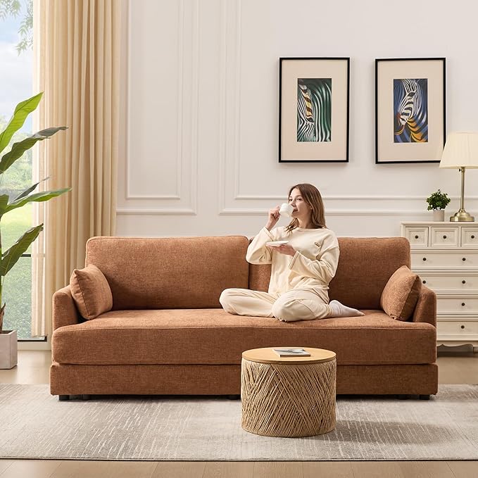 Kingfun 83 Chenille Sofa Modern Couch with Thickened Cushions Mid Century Couches with Solid Wood Frame Comfy Deeper Seats T-Cushion for Living Room and Bedroom Brown