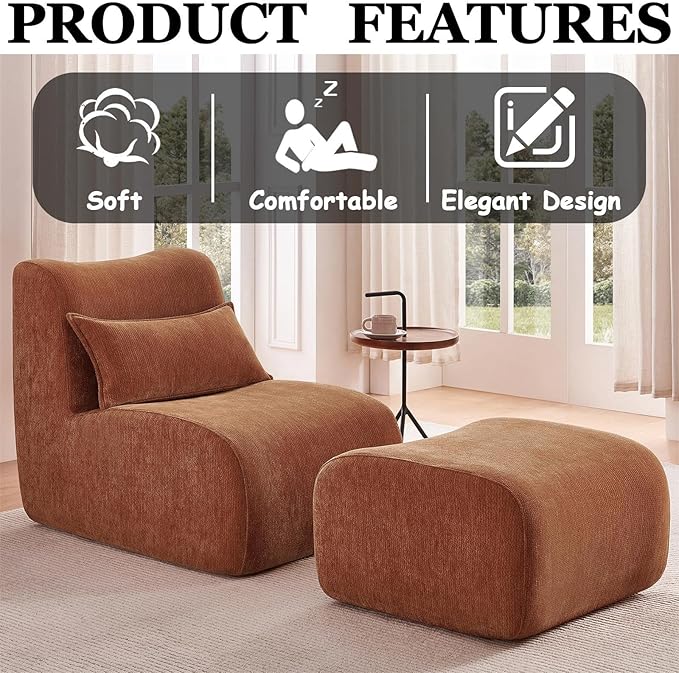 27” Oversized Lazy Sofa Chair and Ottoman Set Chaise Lounge Chair Indoor with Pillows Comfy Reading couch for Adults Suitable for Living Room Small Spaces Memory Foam Chenille (Orange-2)