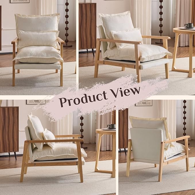 Karl home Midcentury Accent Chair for Living Room Chenille Upholstered Lounge Armchair with Lumbar Pillow Ruffle-Designed Cozy Reading Chair with Wood Legs Beige