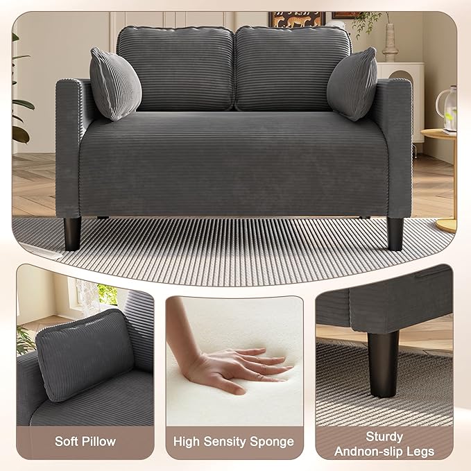48 Corduroy Loveseat Sofa Small Couches for Living Room Green Couch for Bedroom Apartment Dorm 2 Seater Mini Sofa with Side Pocket High Rebound Sponge Cushion Easy Assembly (Grey)
