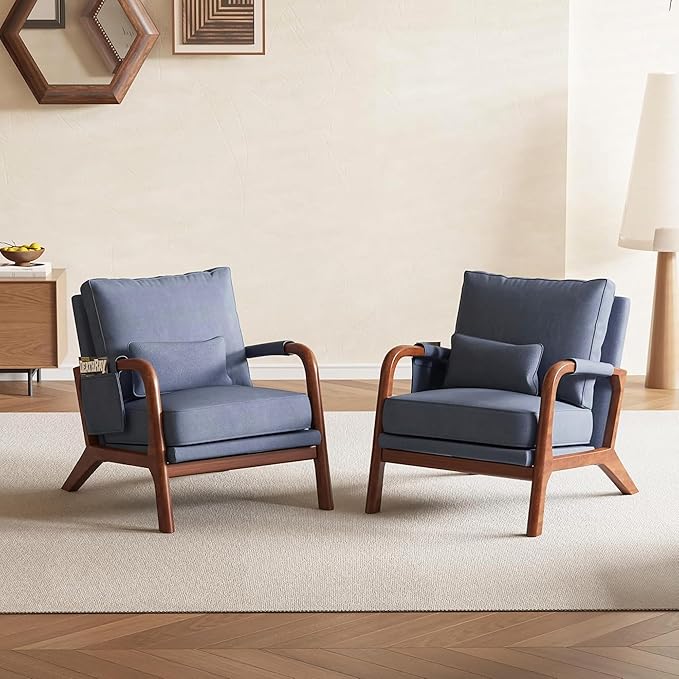 Mid Century Modern Chair Set of 2 Upholstered Lounge Arm Chair with Solid Wood Frame Comfy Accent Chair for Living Room Bedroom Reading Reception Grayish Blue