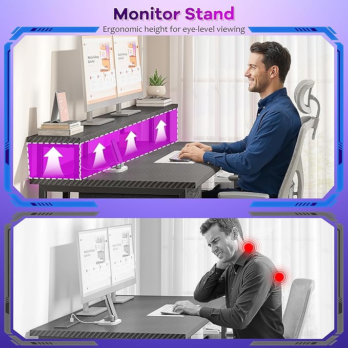 55 Inch Gaming DeskComputer Desk with LED &amp Power OutletOffice Desk with Printer Storage Shelves &amp Storage DrawerStudy Table with Monitor ShelfDorm Room EssentialsBlack