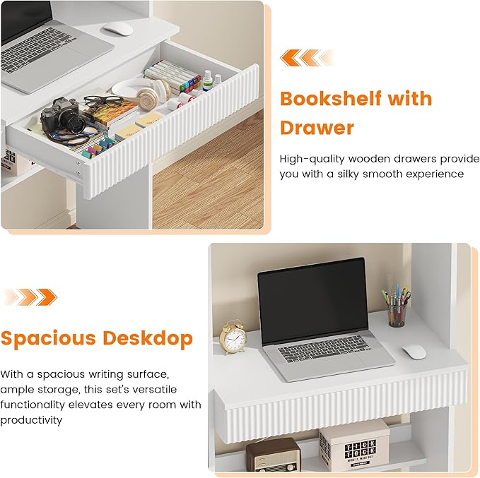 63 Tall Computer Desk with Hutch Fluted Wood Computer Desk Featuring Charging Station Drawer and Storage Cabinet for Home Office Work and Study (White)