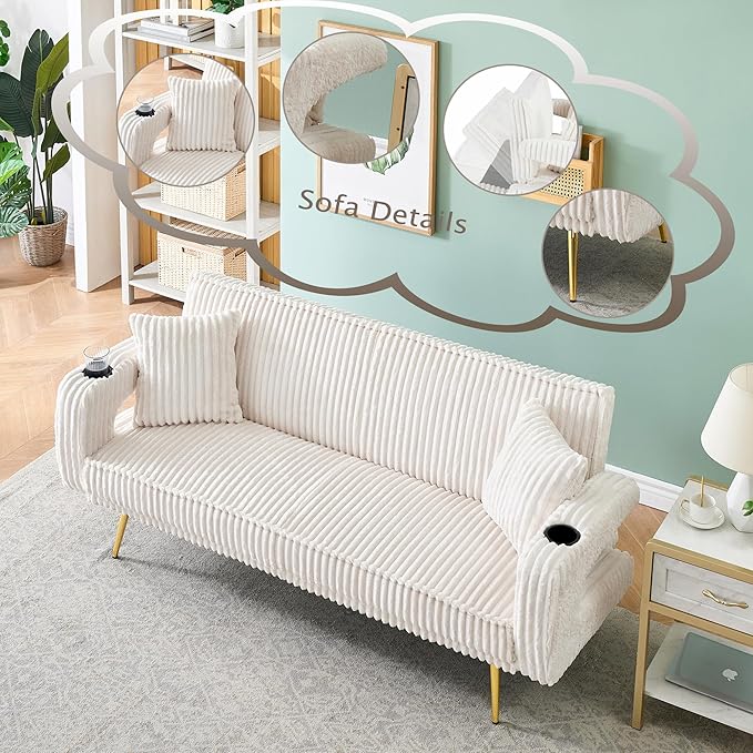 73 Convertible Futon Sofa BedComfy Teddy Fabric Sleeper Couch with 3 Reclining BackrestsGolden Chrome LegsModern Cloud Sofa Loveseat for Small Living Room Office (Beige)